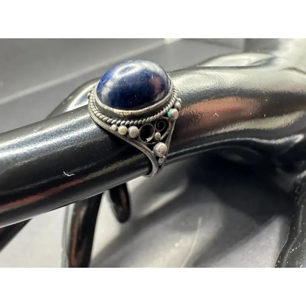 Vintage Lapis Lazuli Oval Filigree Silver Tone Women's Cocktail Band Ring